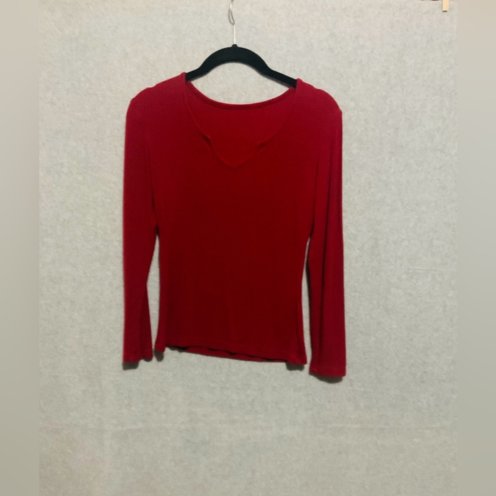 ZARA Red Ribbed Knit Long Sleeve Top Notch Neck Minimalist Essential Size S
